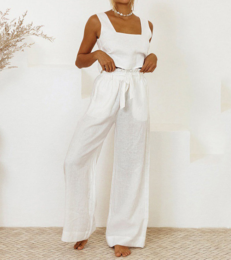 Megan | Minimalistische top en wijde broek set
